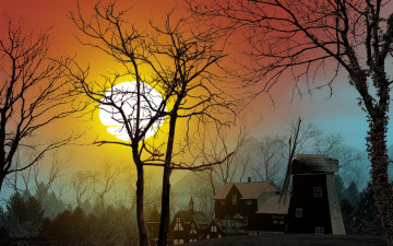 Картинка 3д+графика природа+ nature дома деревья закат