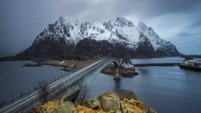 Обои картинки фото города, - мосты, мост, лофотенские, острова, горы, норвегия