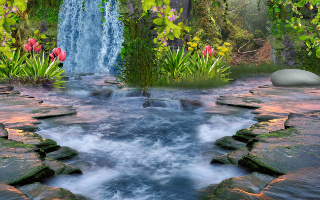 Обои картинки фото 3д графика, природа , nature, поток, река, камни, водопад, цветы
