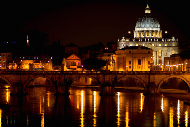 Обои картинки фото города, - католические соборы,  костелы,  аббатства, италия, мост, ночь, огни, собор, святого, петра, река, рим, тибр, ватикан