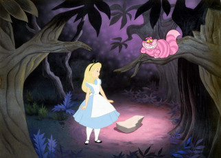 обоя мультфильмы, alice in wonderland, лес, кот, алиса