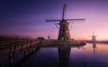 Картинка разное мельницы утро нидерланды дымка ветряные вечер
