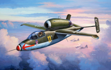 обоя heinkel he 162a spatz, авиация, 3д, рисованые, v-graphic, воробей, самолет, рисунок, реактивный, истребитель, германия