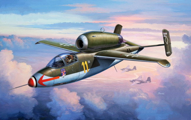 Обои картинки фото heinkel he 162a spatz, авиация, 3д, рисованые, v-graphic, воробей, самолет, рисунок, реактивный, истребитель, германия