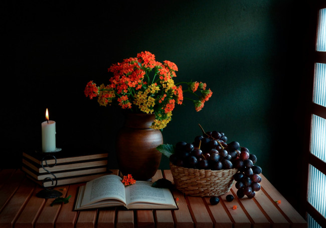 Обои картинки фото еда, натюрморт, свеча, букет, виноград, книга