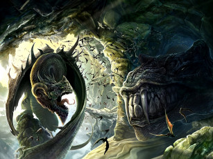 Картинка фэнтези существа встреча пещера динозавр дракон