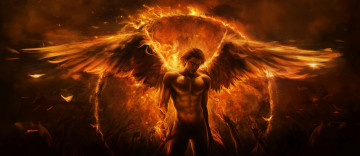 Картинка фэнтези ангелы парень огонь магия крылья