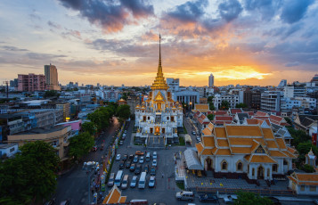 обоя города, бангкок, таиланд, зарево, храм, утро, рассвет