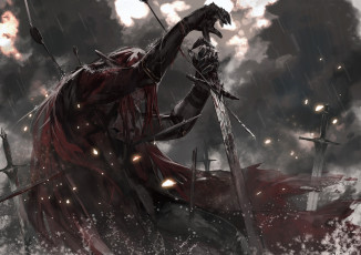 Картинка аниме pixiv+fantasia меч арт воин кровь стрелы парень тучи дождь плащ небо