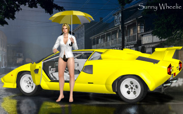 обоя автомобили, 3d car&girl, автомобиль, девушка, зонтик