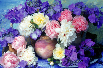 Картинка цветы букеты +композиции пионы стена сиреневые ваза букет гортензия