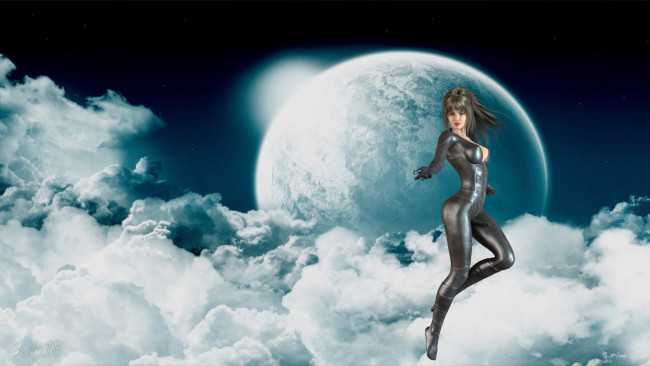 Обои картинки фото 3д графика, фантазия , fantasy, полет, планета, облака, фон, взгляд, девушка