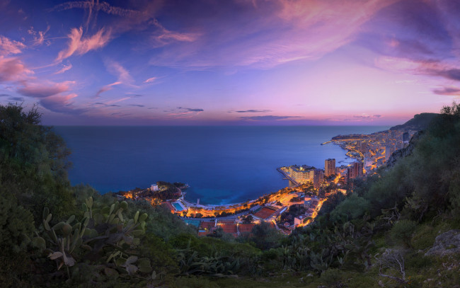 Обои картинки фото города, монако , монако, вечер, панорама, город, море, побережье
