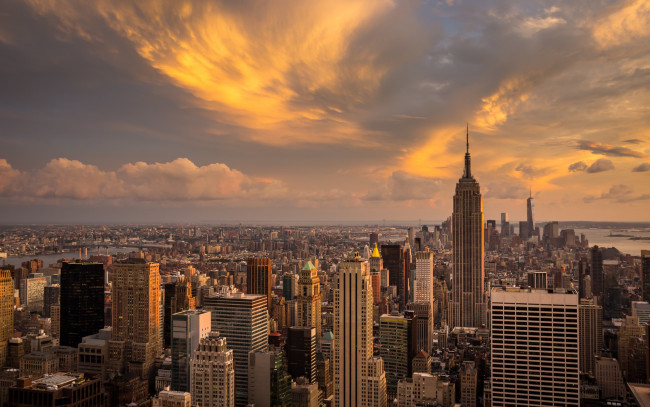 Обои картинки фото города, нью-йорк , сша, небоскребы, город, закат, manhattan
