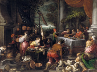 Картинка рисованное живопись леандро бассано мифология картина богач и лазарь животные люди жанровая