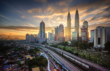 обоя города, куала-лумпур , малайзия, небоскребы, рассвет