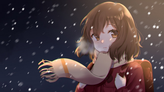 Обои картинки фото аниме, unknown,  другое, девушка, шарф, снег, фон, взгляд