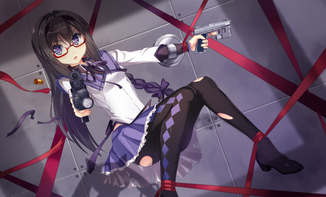 Обои картинки фото аниме, mahou shoujo madoka magika, оружие, фон, взгляд, девушка