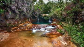 Картинка природа водопады кусты вода камни