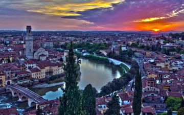 Картинка города верона+ италия река закат мост панорама сумерки