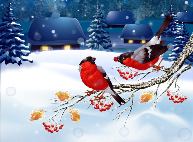 Обои картинки фото векторная графика, птицы , птицы, снег, снегири, пейзаж, зима