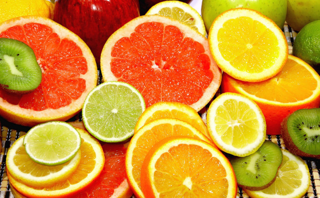 Обои картинки фото еда, цитрусы, апельсин, грейпфрут, лимон, киви
