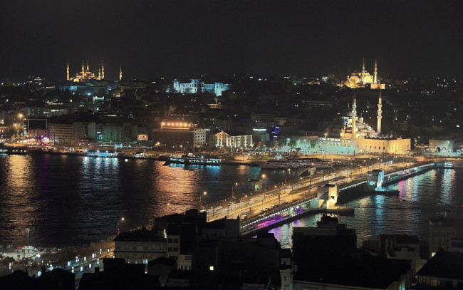 Обои картинки фото города, стамбул , турция, мечети, мост, вечер