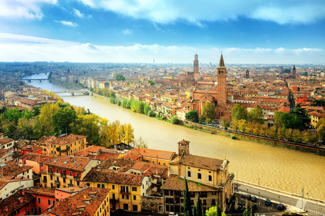 Обои картинки фото города, верона , италия, мосты, река, панорама
