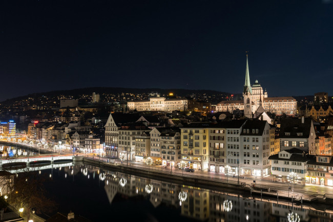 Обои картинки фото города, цюрих , швейцария, вечер, панорама, мост, река