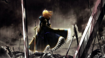 Картинка аниме fate zero девушка дождь оружие