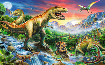 обоя рисованное, животные,  доисторические, динозавры, горы, джунгли, ручей