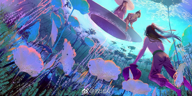 Обои картинки фото аниме, mo dao zu shi, вэй, усянь, цзян, янли, чэн, лодка, озеро