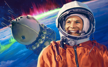 Картинка рисованное люди юрий гагарин космонавт восток ссср летчик испытатель digital art первый человек космос