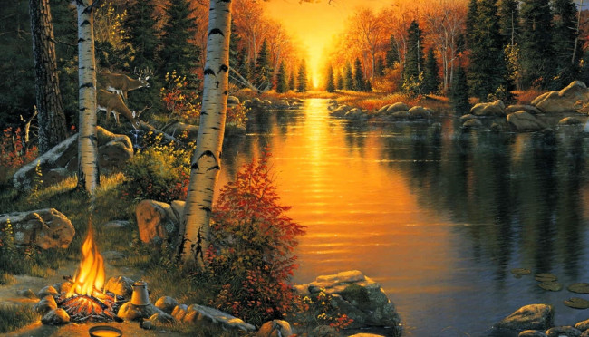 Обои картинки фото рисованное, природа, озеро, осень, лес, олени, костер
