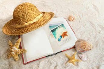 Картинка разное ракушки кораллы декоративные spa камни морские звёзды шляпа книга песок
