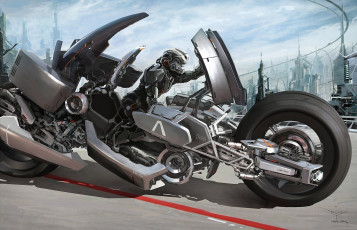 Картинка mark yang фэнтези роботы киборги механизмы мотоцикл