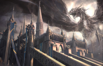 Картинка фэнтези драконы монстр пасть крылья дракон mark yang замок