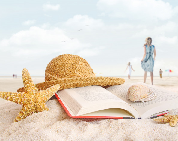 Обои картинки фото разное, ракушки, кораллы, декоративные, spa, камни, шляпа, пляж, песок, книга, ракушка, морская, звёзда