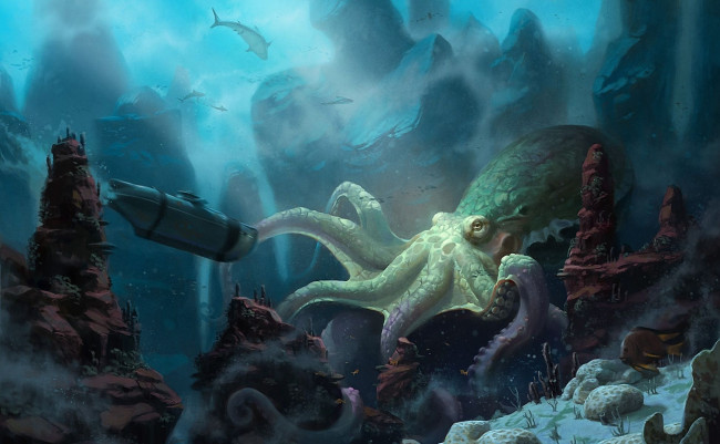 Обои картинки фото фэнтези, существа, подводная, лодка, осьминог, спрут