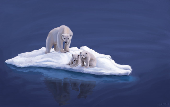 Обои картинки фото рисованные, животные, медведи, белые, polar, bears, медведица, медвежата, льдина, на, льдине, арт