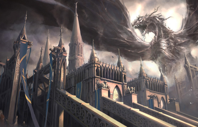 Обои картинки фото фэнтези, драконы, монстр, пасть, крылья, дракон, mark, yang, замок