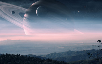 Картинка разное компьютерный дизайн планета кольца ландшафт холмы спутники звезды дымка