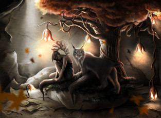 Картинка фэнтези красавицы+и+чудовища девушка фонари рысь дерево