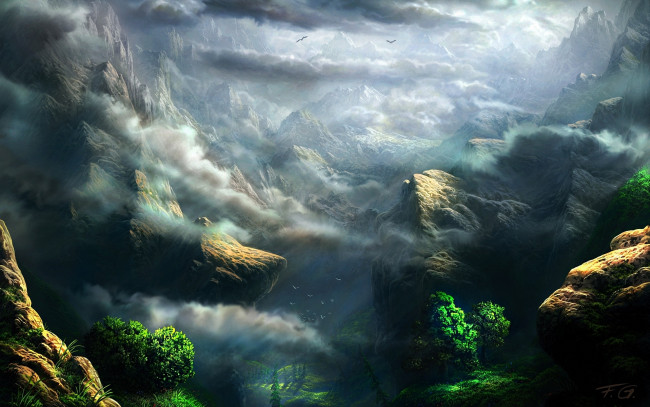 Обои картинки фото фэнтези, пейзажи, горы, деревья, пейзаж, облака