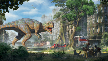 Картинка фэнтези иные+миры +иные+времена люди руины город динозавр фантастика арт rex t-rex tyrannosaurus
