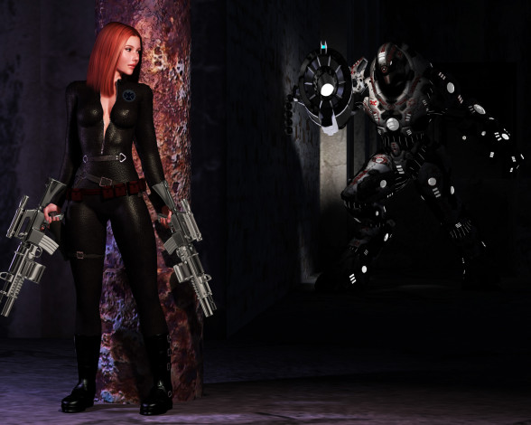 Обои картинки фото 3д графика, фантазия , fantasy, взгляд, девушка, киборг, оружие, рыжая, фон