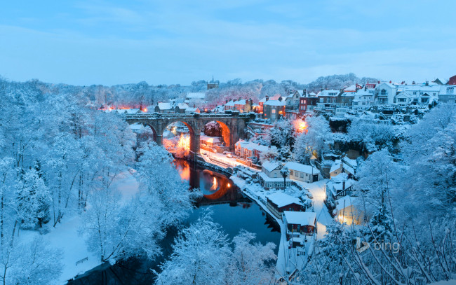 Обои картинки фото города, - пейзажи, зима, огни, дома, мост, река, пейзаж, англия, северный, йоркшир, нерсборо, снег