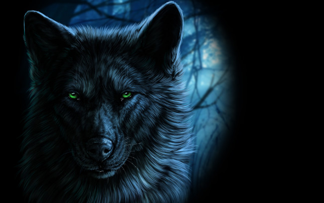Обои картинки фото рисованное, животные,  волки, взгляд, зеленые, глаза, волк