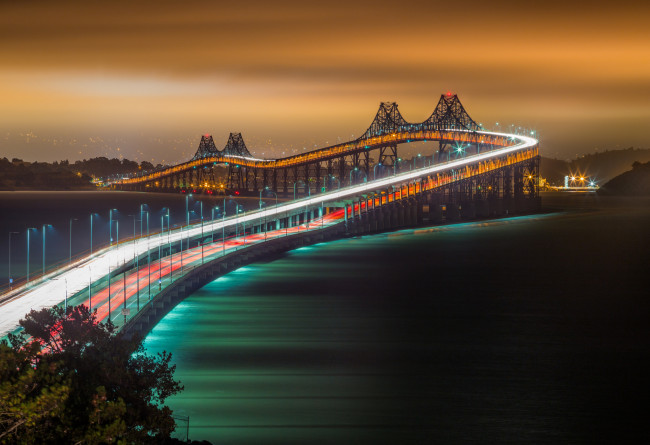 Обои картинки фото города, - мосты, rollercoaster, ride, мост, ночь, город