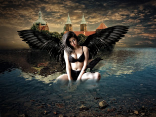Картинка фэнтези фотоарт ворон девушка крылья замок взгляд вода фон